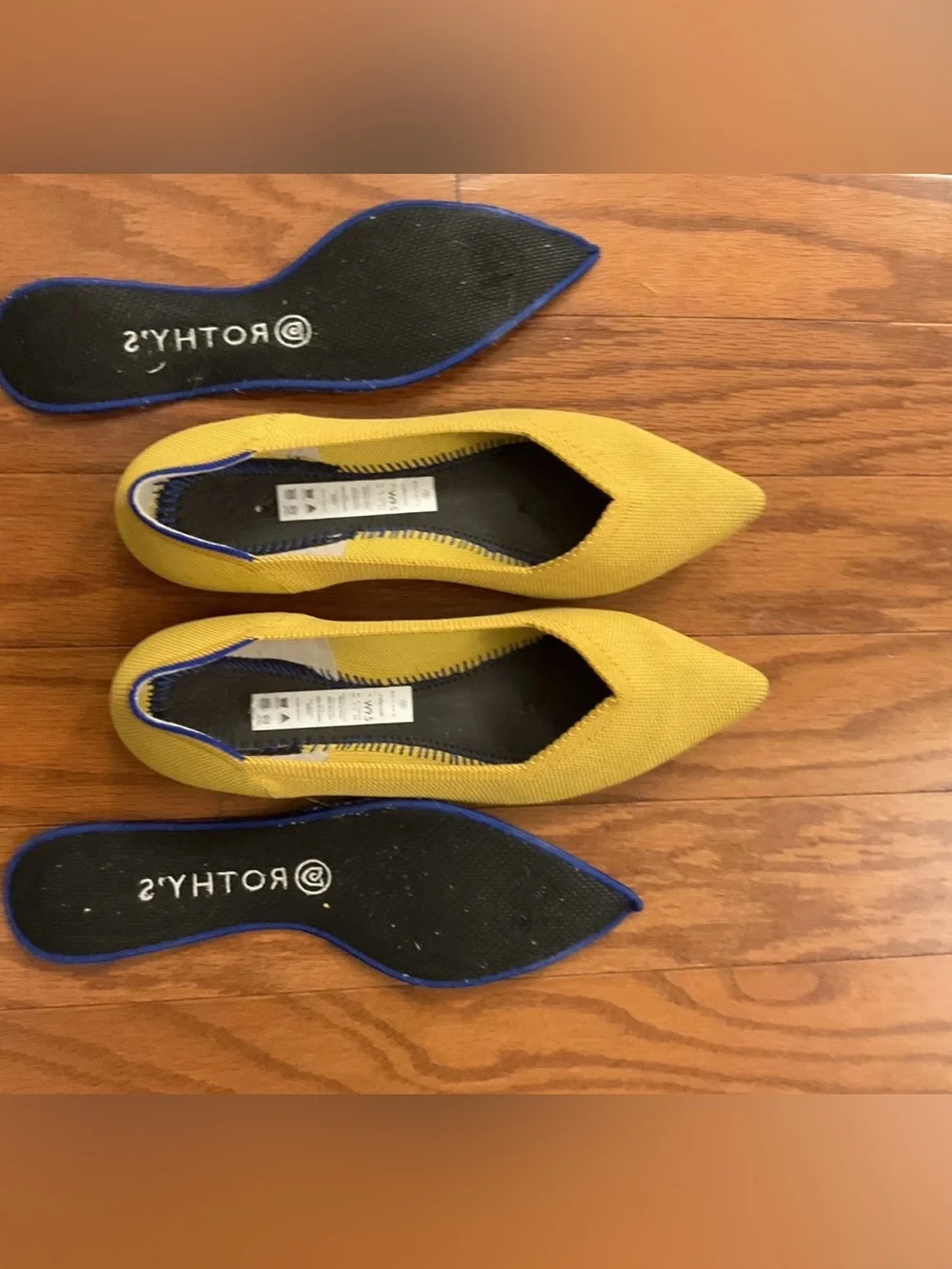 Rothy's Pointed Toe Knit Flats in Yellow with Navy Trim